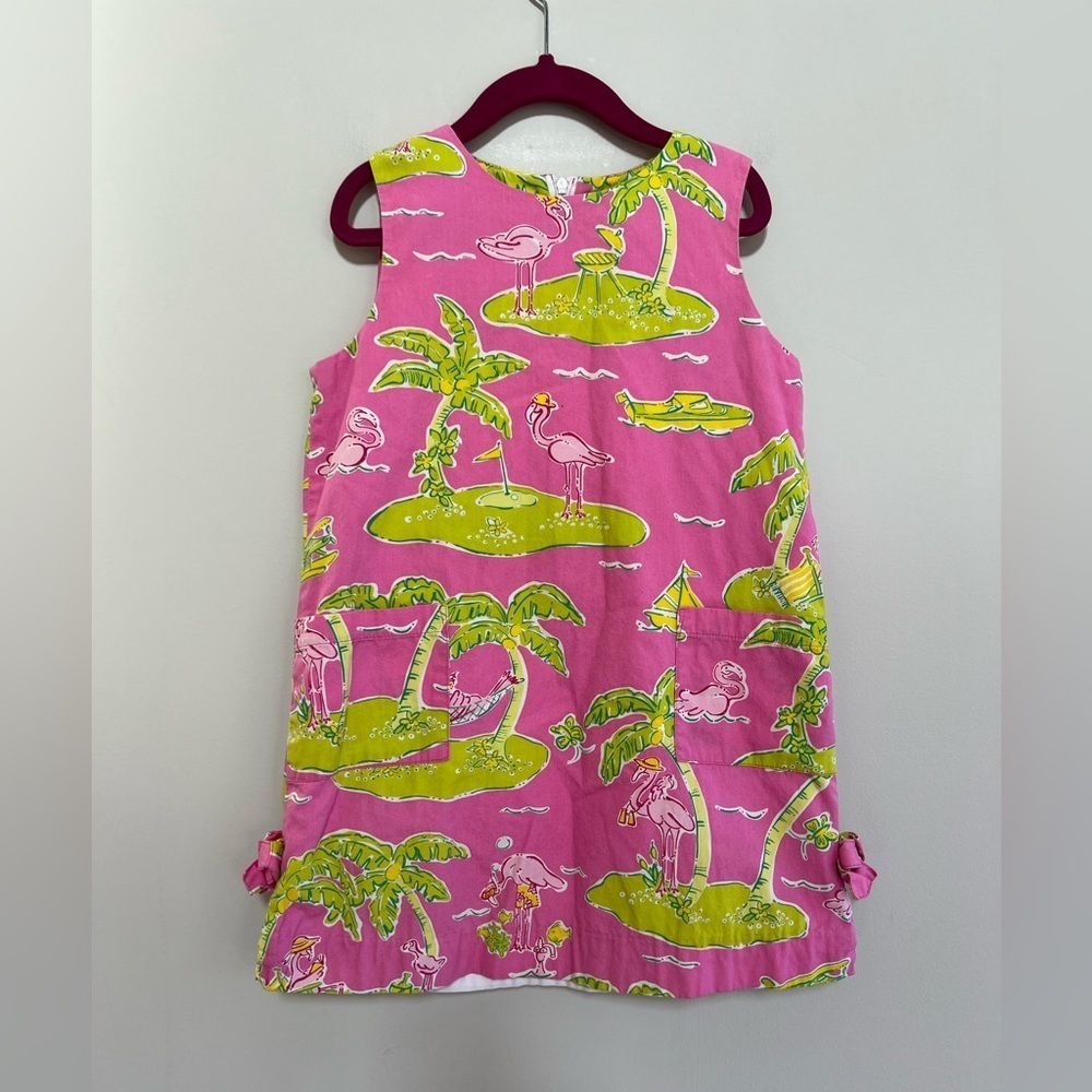 Lilly Pulitzer Vintage White Label Girls Island Flamingo Dress, Pink/Green, sz 8